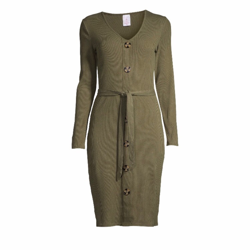 - NO BOUNDARIES BUTTON FRONT MIDI DRESS  olive green long sleeve size L